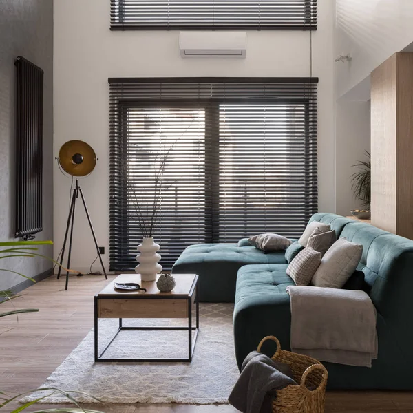Big Windows Black Blinds Stylish Furniture Decorations Modern Living Room — Zdjęcie stockowe