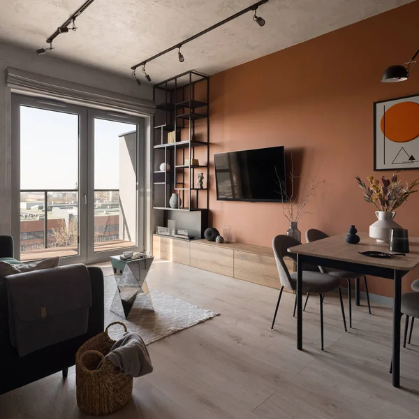 Modern Living Room Big Windows Stylish Orange Wall Dining Table — Zdjęcie stockowe