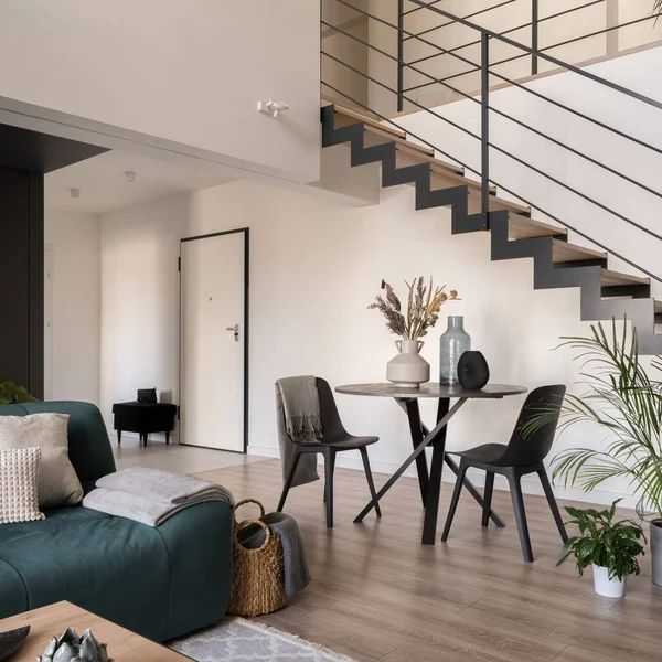 Modern Two Floor Flat Stylish Living Room Dining Table Stairs — Stockfoto