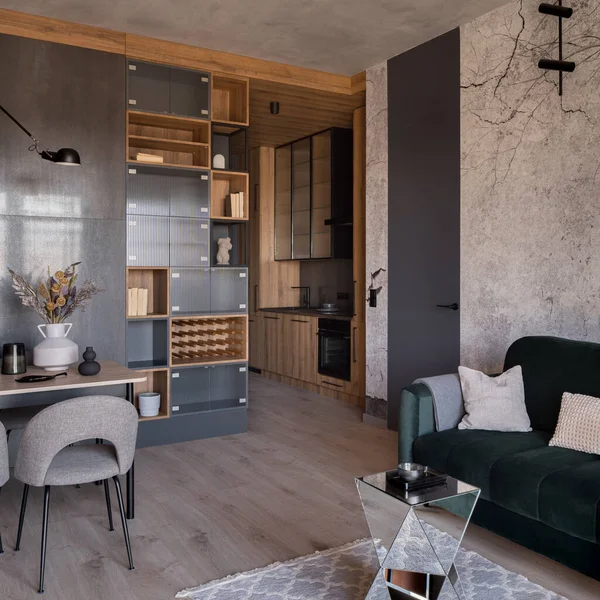 Apartamento Pequeno Moderno Interior Com Cozinha Corredor Aberto Para Sala — Fotografia de Stock