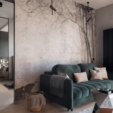 Gri duvarlı oturma odasında küçük ve rahat bir kanepe.