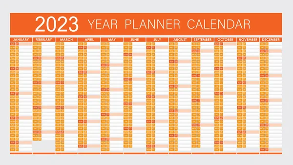 2023 Year Planner Wall Planner Calendar Orange Color Full Editable — Stock Vector