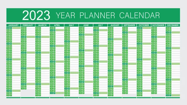 2023 Year Planner Wall Planner Calendar Green Color Full Editable — Stock Vector