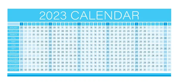 2023 Year Wall Calendar Cyan Color Full Editable Vector Light — Stock Vector