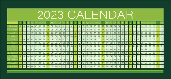 2023 Year Wall Calendar Green Color Full Editable Vector Dark — Stock Vector