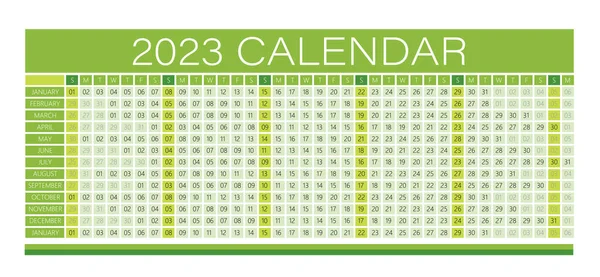 2023 Year Wall Calendar Green Color Full Editable Vector Light — Stock Vector