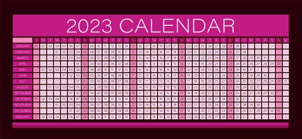 2023 Year Wall Calendar Magenta Color Full Editable Vector — Stock Vector