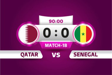 Qatar Senegal 'e karşı, Dünya Futbol 2022, Grup A Dünya Futbol Şampiyonası karşılaşması takımlara karşı spor arka planı, şampiyonluk yarışması final posteri, vektör illüstrasyonu.