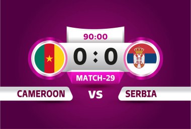 Kamerun Sırbistan Dünya Futbol 2022, Grup G. Dünya Futbol Şampiyonası karşılaşması takımların spor arka planı, şampiyonluk yarışması final posteri, vektör ilüstrasyonuna karşı..