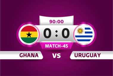 Gana, Uruguay 'a karşı Dünya Futbol 2022, Grup H. Dünya Futbol Şampiyonası karşılaşması takımların spor arka planı, şampiyonluk yarışması final posteri, vektör ilülasyonu.