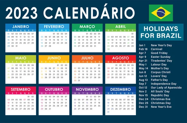 2023 Calendar Vector Brazilian Version Holidays Dark — Stock Vector