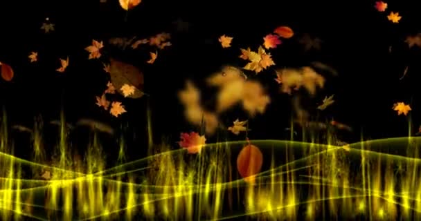 Cgi Pole Zlatých Podzimních Květů Podzimními Listy Přírodní Panoramatická Krajina — Stock video
