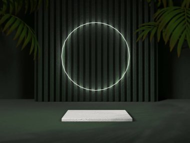 Yeşil boş alanı çoklu platformlar ve yeşil palmiye yaprağı dekorasyonu 3D oluşturma ile taklit et