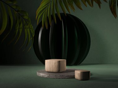 Yeşil boş alanı çoklu platformlar ve yeşil palmiye yaprağı dekorasyonu 3D oluşturma ile taklit et