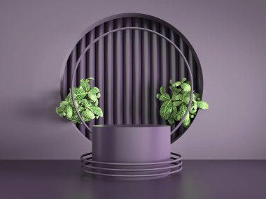 Violet boş alanı çoklu platformlar ve yeşil yaprak desenli 3D resimlerle süsledi