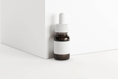 Bir kehribar cam damlatıcısı modeli - çoklu yüzen şişe. Boş etiket. 3 Boyutlu Hazırlama