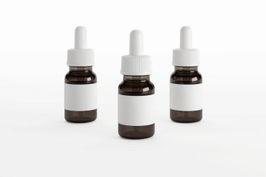 Kehribar cam damlatan şişe maketi. Çok sayıda yüzen şişe. Boş etiket. 3 Boyutlu Hazırlama