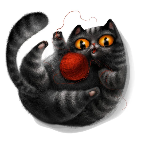 Black Cat Playing Ball Wool Cartoon Character Digital Illustrations — Stock Photo, Image