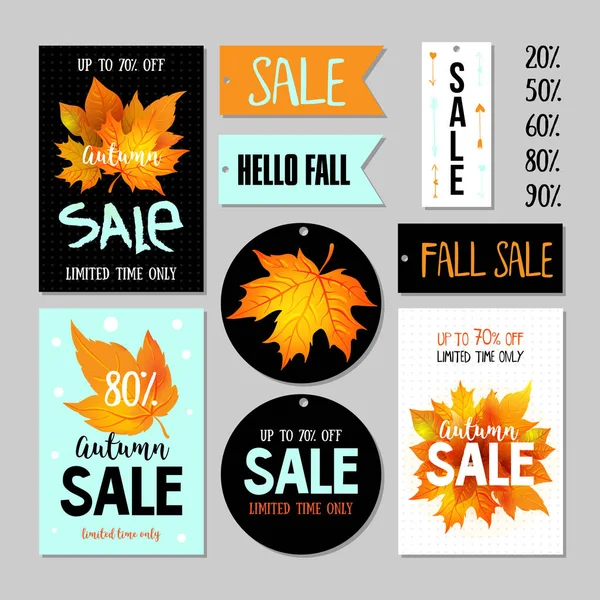 一套秋季销售的带有字母 橙色叶子的传单模板 秋季升迁海报 标签等设计 矢量图解 — 图库矢量图片