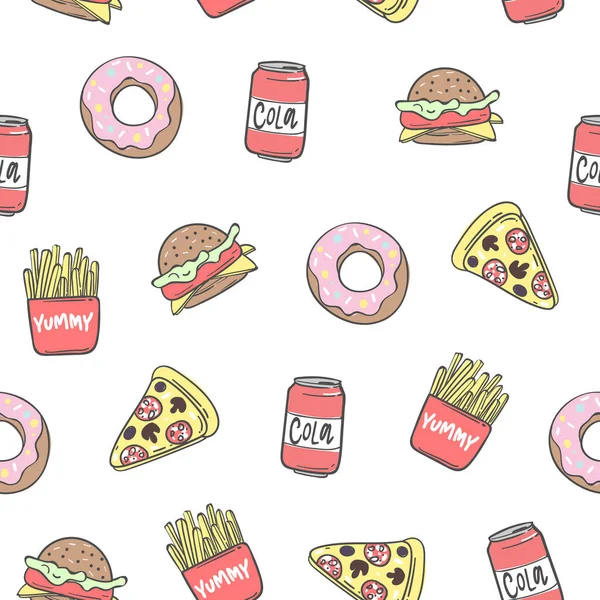 Sfondo Senza Cuciture Con Pizza Cola Patate Fritte Sandwich Illustrazione — Vettoriale Stock