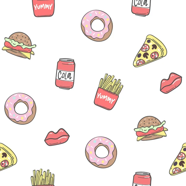 Seamless Pattern Background Pizza Cola Fried Potatoes Sandwich Vector Illustration — Stock Vector