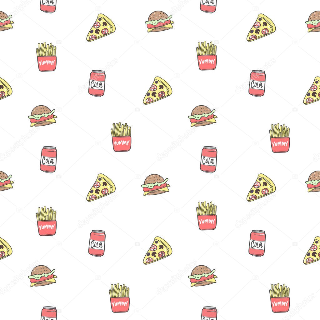 Seamless pattern background with pizza, cola, fried potatoes, sandwich, vector illustration EPS 10.