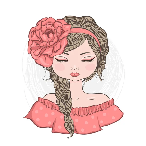 Belle Fille Illustration Visage Grande Fleur Sur Tête — Image vectorielle