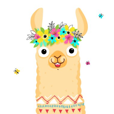 Şirin Lama karakteri, başında çiçek çelengi, gülümseyen alpaka. Hola çizimleri