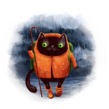 Sarı yağmurluk içindeki siyah kedi, dijital çizimler.