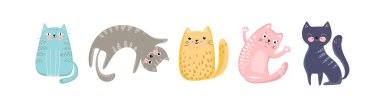 Düz stil kedi seti, çocuklar için çizimler, vektör