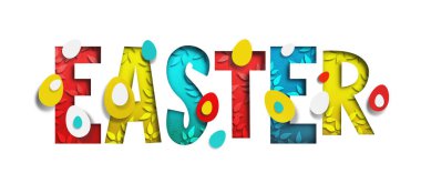 3D soyut kağıt renkli paskalya harflerinin resimlerini kesiyor. Paskalya metni. Moda kağıt kesim tarzında mutlu Paskalyalar