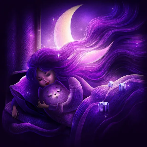 Cute Character Girl Sleeping Her Bad Black Cat Moon Light — Stock Photo, Image