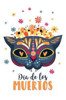 Dia de Los Muertos, Meksika Ölüler Günü, harfli tebrik kartları, çiçekler, kedi kafatası..