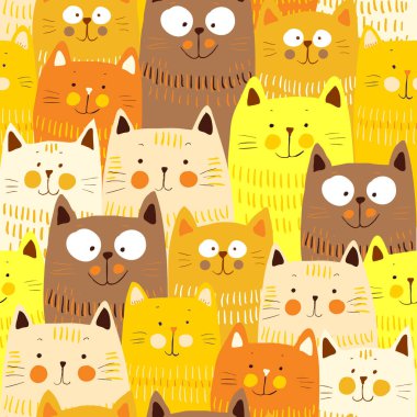 Sevimli sarı kediler, kusursuz desenli arka plan. Cats karakteri, gülümseyen kedi, vektör EPS 10