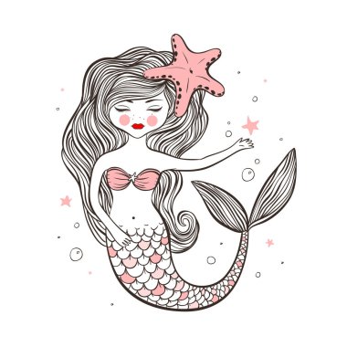 Denizkızı şirin vektör karakteri, t shart vektör illüstrasyon EPS 10