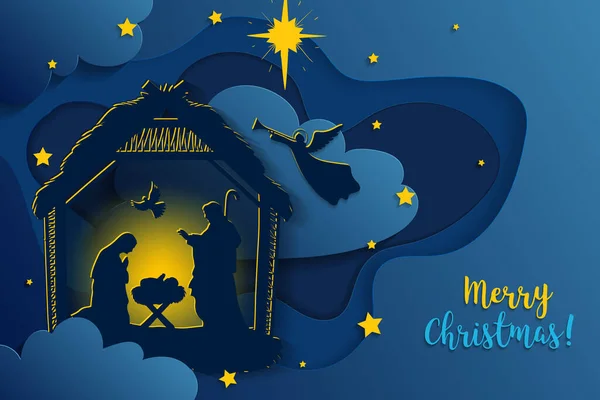 실루엣에 마리아와 요셉과 구유에 기독교 크리스마스 장면의 인사말 거룩한 — 스톡 벡터