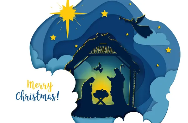 Carte Vœux Nativité Chrétienne Traditionnelle Scène Enfant Jésus Dans Crèche — Image vectorielle