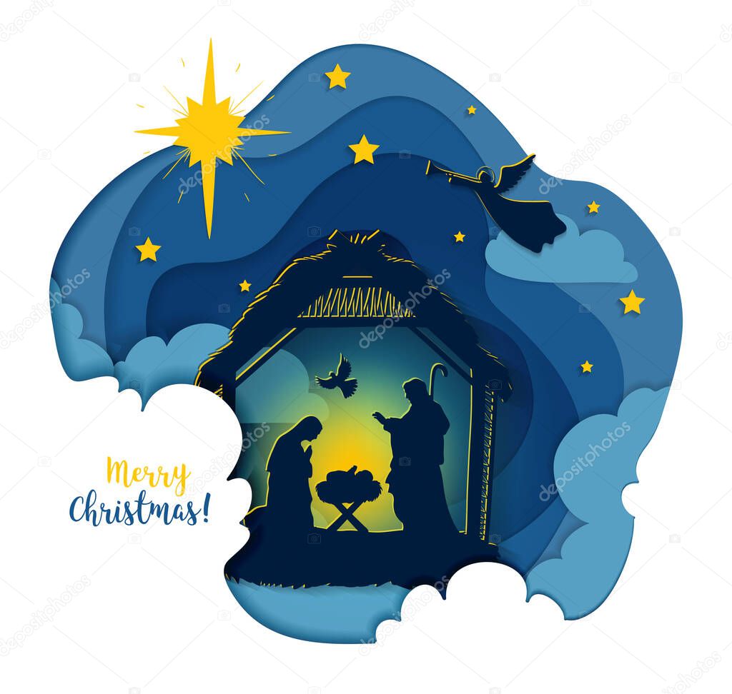 Greeting card of Traditional Christian Christmas Nativity Scene of baby Jesus in the manger with Mary and Joseph in silhouette. Holy Night.