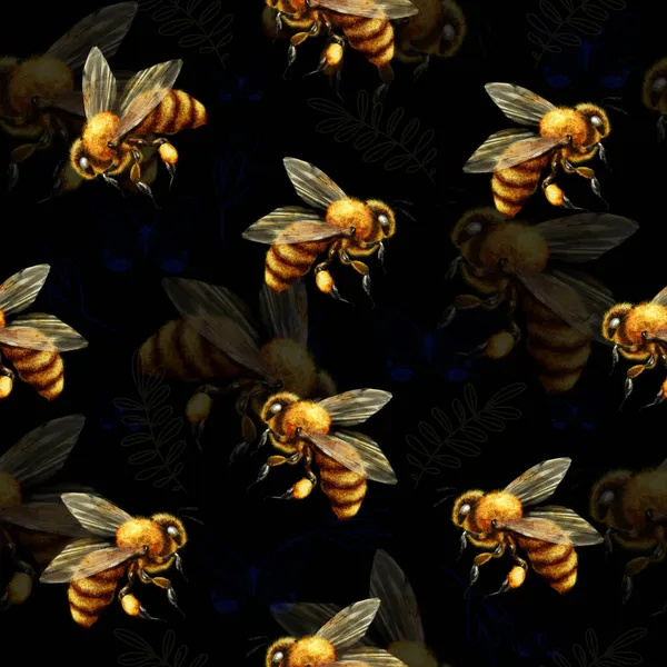 Cute seamless pattern with flying bees. Digital art illustrations