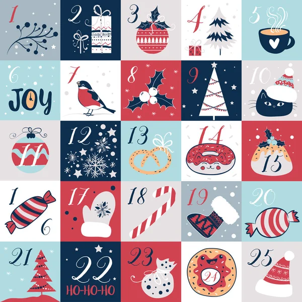 Calendário Advento Com Elementos Natal Cartaz Feriados Ilustrações Vetoriais — Vetor de Stock