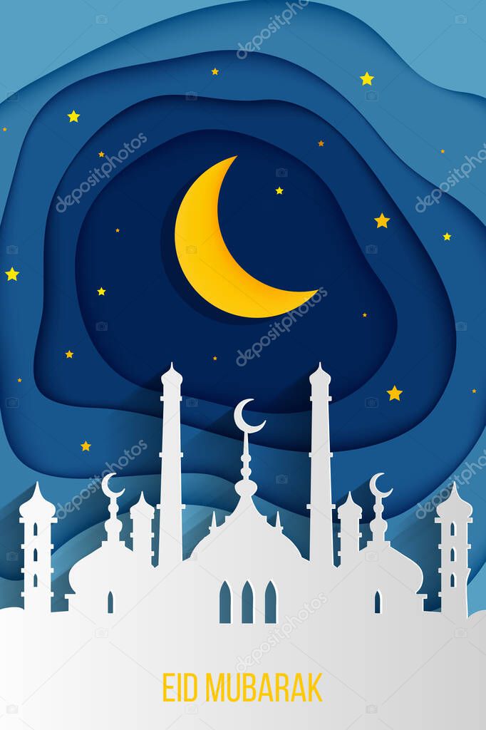 Ramadan kareem, Eid Mubarak, Eid Al Fitr greeting card, background, illustration with arabic lanterns and calligraphy, on starry background with clouds. EPS 10
