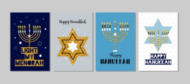 Hanuka tebrik kartı, poster, pankart seti. Dokuz mum ve dilek. El çizimi çizimleri