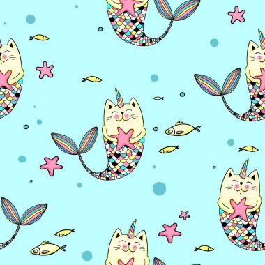 Boynuzlu ve yıldızlı şirin kedi deniz kızı. Giyim, kumaş, tekstil, duvar kâğıdı, ambalaj kağıdı için kusursuz çocuksu desen. Vektör illüstrasyonu EPS10