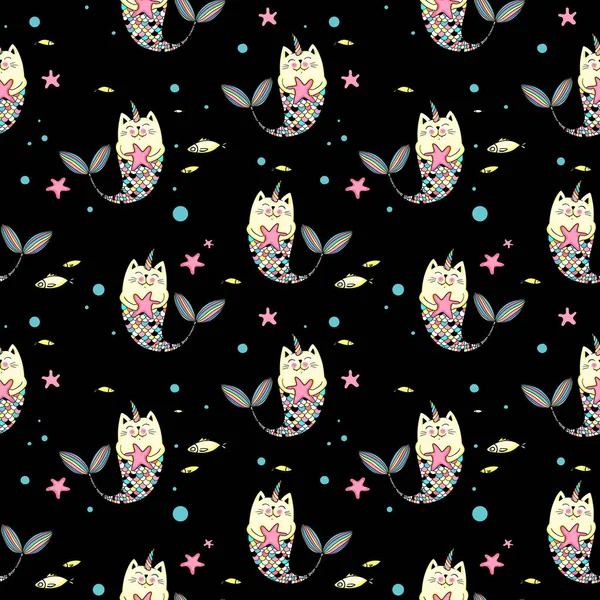 Cute Cat Mermaid Horn Star Seamless Childish Pattern Apparel Fabric — Stock Vector