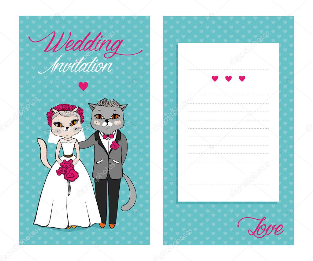 Funny wedding greeting cards, invitation with cats, bride and groom. Vector illustration EPS8