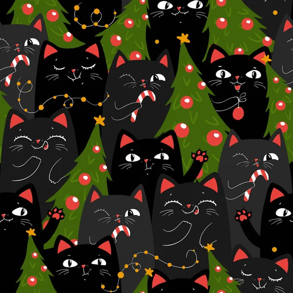 Şirin noeller ve yılbaşı ağacı ve kara kedilerle kusursuz bir düzen. Vektör illüstrasyonu EPS10.