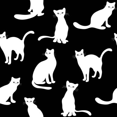 İzole kedi siluetleri vektör kümesi, siyah kedilerle kusursuz desen, vektör çizimleri