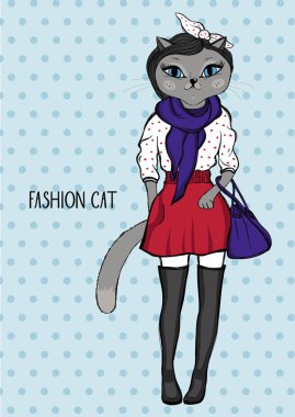 Kedili sevimli moda hipster posteri. vektör çizimleri