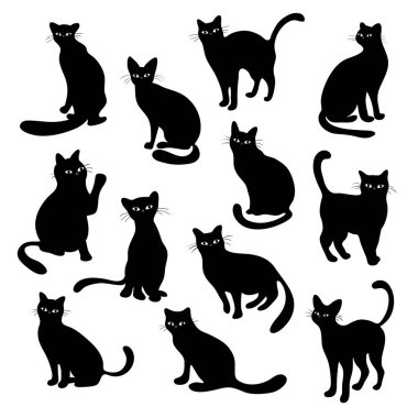Siyah kedili izole kedi siluetleri, vektör çizimleri.