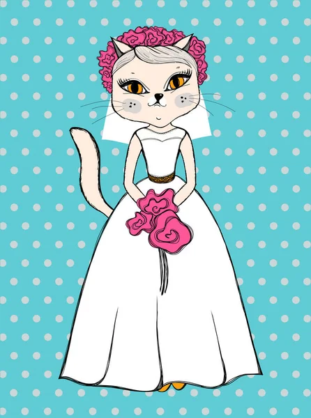 Cartão Engraçado Saudação Casamento Convite Com Noiva Gato Ilustração Vetorial — Vetor de Stock